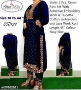 Rayon A-Line Kurta and Pant Set with Printed Dupatta, intricate detailing, three-quarter sleeves. Elegant women's ethnic outfit for festive occasions or weddings. Indian designer ethnic wear