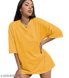 Cotton blend, oversized round neck t-shirt for women with calming back print. Loose fit, three-quarter sleeves, comfortable and fashionable. Size chart: S (38"x27"), M (40"x28"), L (42"x29"), XL (44"x30"). Made in India