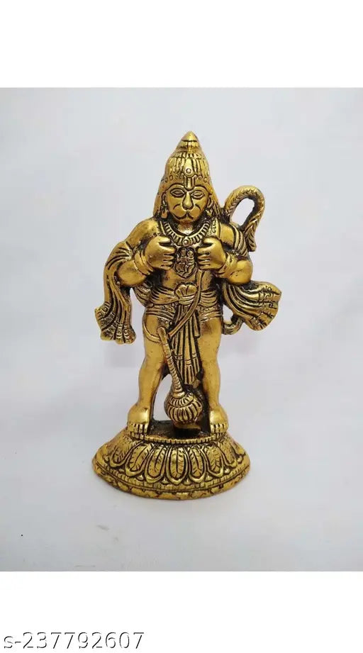 Handcrafted gold-plated Hanuman Ji Murti/Bajrangbali Idol, traditional style decorative showpiece. Dimensions: 9.5 cm x 18 cm x 3 cm, ideal for home decor or religious worship. Indian origin