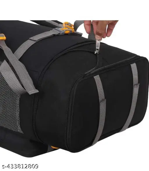 Black waterproof 65L Kyros trekking rucksack with adjustable shoulder straps and separate shoe compartment