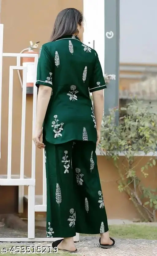 Green rayon night suit shirt with pallazo, printed net pattern for men