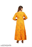 Rayon embroidered tiered gown for women, three-quarter sleeves with intricate patterns. Close-up of XL version, India origin