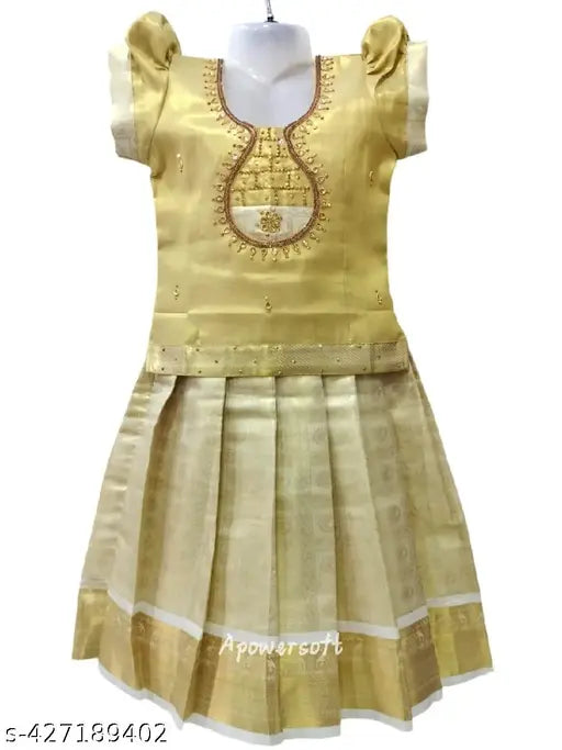 New art silk net kids' Pattu Paavadai set: Traditional Kerala top & skirt, vibrant Indian fashion for 1-2, 5-6, or 6-7 years