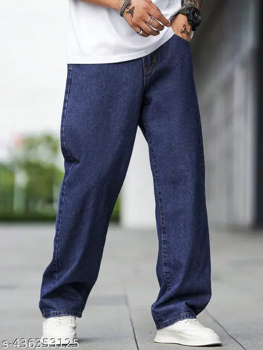 Dark blue denim loose fit Beggy jeans for men & boys. Premium stretch fabric with multi-pocket design, ideal for festivals, events, travel, sports, or casual wear. Size: 28, 30, 32, 34 (Waist 28in/30in/32in/34in, Length 40in, Hip 32in/34in/36in/38in)