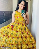 Cotton blend yellow printed Anarkali gown for women and girls, sleeveless full-length dress perfect for summers