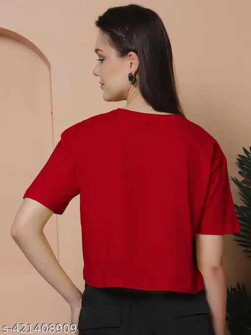 Women's red oversized cotton t-shirt, loose fit with short sleeves, India origin