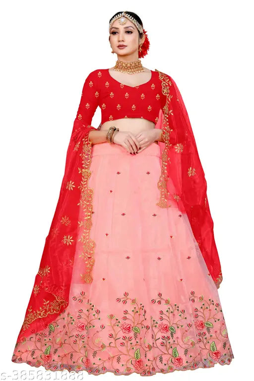 Embroidered Dupion silk and net Lehenga Choli with semi-stitch and cut work, free size (Lehenga waist 44in, length 43in), Indian handcrafted fashion