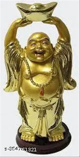 Laughing Buddha with Money Ingot in Hands Up Posture, 12cm poly resin home decor or wall hanging, ideal for Feng Shui or Indian-themed room decoration