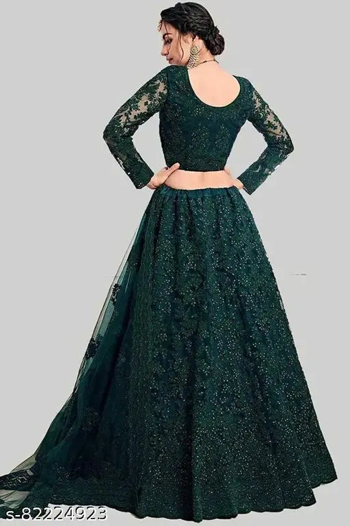 Embroidered net lehenga-choli set with heavy stonework, ultra-satin lining, free size (44m waist, 44m length, 2.25m dupatta). Indian traditional embroidered bridal outfit on display