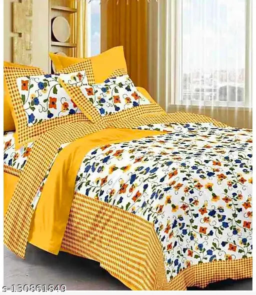 Cotton floral double bed sheets, regular quality by Raj Devi Jaipur for mild winter, adult use, 2 pillow covers included