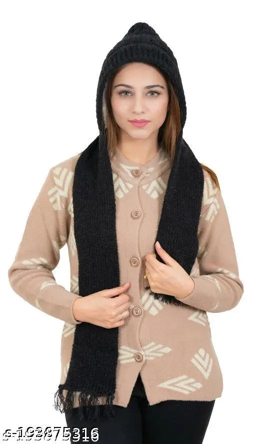 Woolen beanie cap with muffler, self-design knitted winter hat from KHM, warm and soft for women, made in India