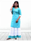 Embellished cotton blend kurta set for girls, trendy straight top with skirt in 7-14 years sizes. Indian fashion for kids, no dupatta