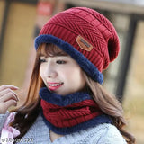Maroon woolen beanie hat with neck muffler, warm knit scarf set for women. Soft fur lined, perfect for winter snow." (123 characters)