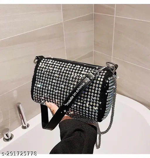 Imported rhinestone PU baguete sling bag, printed net pattern, designer handbag on display stand (Length: 16in, Width: 7in, Height: 12in) - Free size luxury women's purse from China