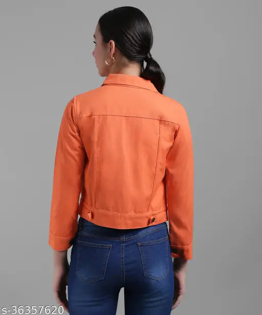 Orange cotton 3/4th sleeve denim jacket for women by Saman Fashion
