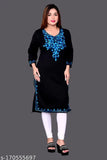 Woolen women's straight-fit embroidered kurti, three-quarter sleeves, solid color, winter wear, India origin