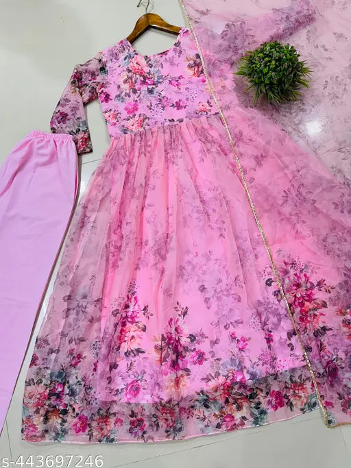 Multicolor organza and crepe party dress with dupatta, three-quarter sleeves, heavy quality digital print fabric, four-side golden lace border, India origin