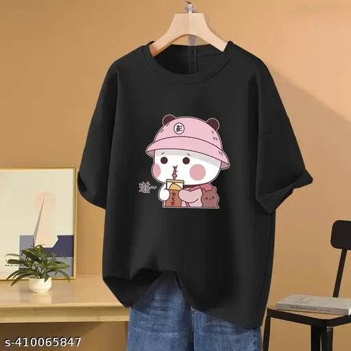 White cotton oversized t-shirt, loose fit with long sleeves & printed panda design by Skyct Store - women's comfy-chic style essential