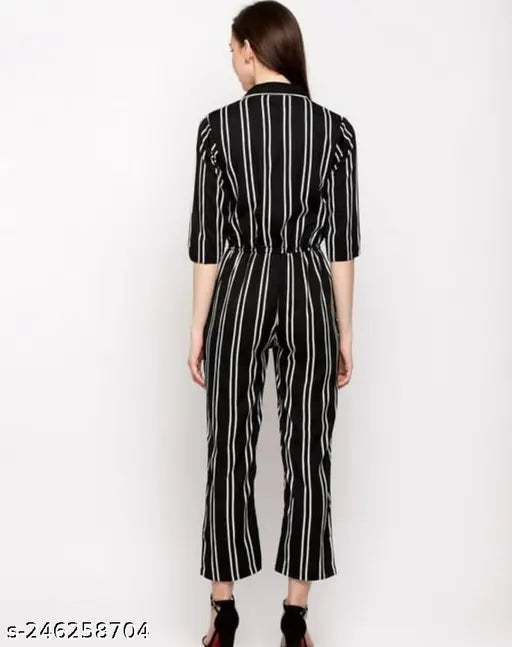 Black striped crepe jumpsuit with line collar, available in various sizes from XS to XL. Made in India