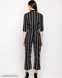 Black striped crepe jumpsuit with line collar, available in various sizes from XS to XL. Made in India
