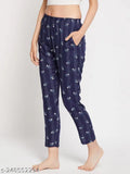 Navy blue printed rayon cotton maxi-length women's straight pyjama on hanger