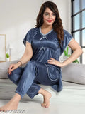 Grey satin kaftan night suit pyjama set by Color Magic, premium soft fabric with elastic for adjustable fit