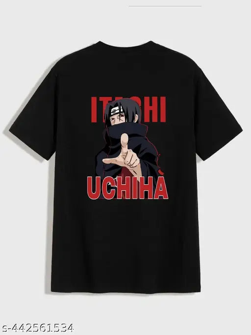 Black printed Itachi anime t-shirt for men, round neck, cotton blend, Naruto Uchiha design on front