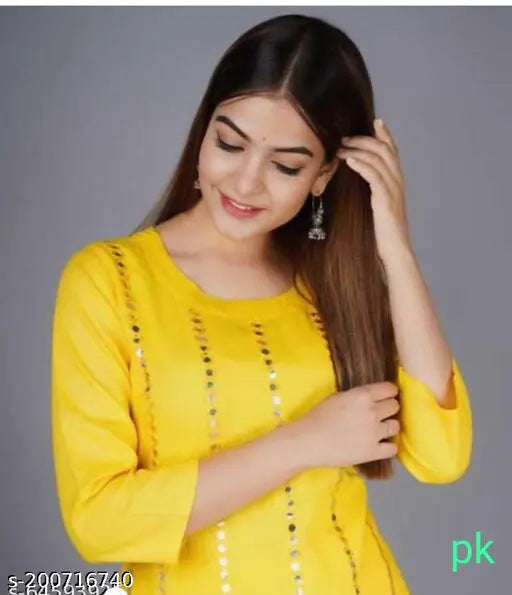Yellow rayon kurti & sharara with embellished net mirror work, three-quarter sleeves. Indian festival, party, office, and daily wear dress in best quality rayon fabric
