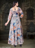 Grey Georgette Anarkali dress with floral print, three-quarter sleeves, and matching dupatta. Made for ethnic occasions in India