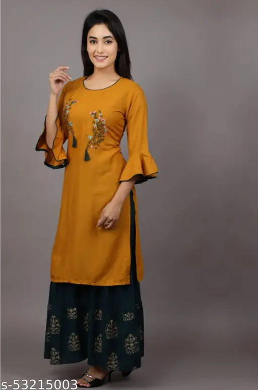 Rayon embroidered kurta sharara set, Indian ethnic wear with three-quarter sleeves, single size L, designed for high fashion and comfort
