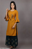 Rayon embroidered kurta sharara set, Indian ethnic wear with three-quarter sleeves, single size L, designed for high fashion and comfort