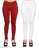Maroon and White Stretchable Lycra Jeggings Pack of 2 (Cotton Blend), trendy women's fashion wear with pockets. Sizes 28-36. Made in India