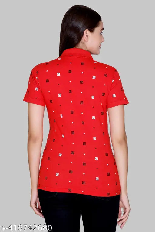 Red cotton blend women's polo t-shirt with printed design, short sleeves and polo neckline by Pyro Spirit