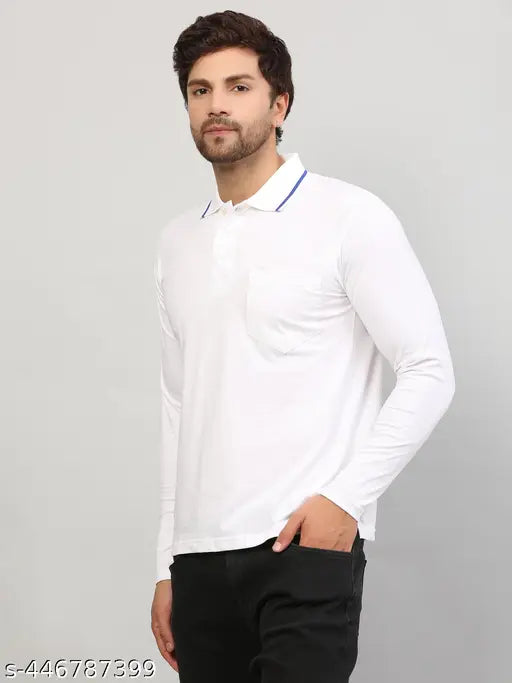Solid Men's cotton polo T-Shirt, white with royal blue tipping, perfect for everyday wear. Made in 100% Super Combed Cotton, machine washable, made in India