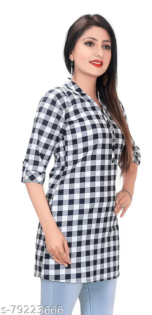Checked cotton-blend three-quarter sleeve top for women, size S (bust 38in, length 30in), made in India