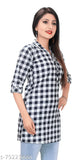 Checked cotton-blend three-quarter sleeve top for women, size S (bust 38in, length 30in), made in India