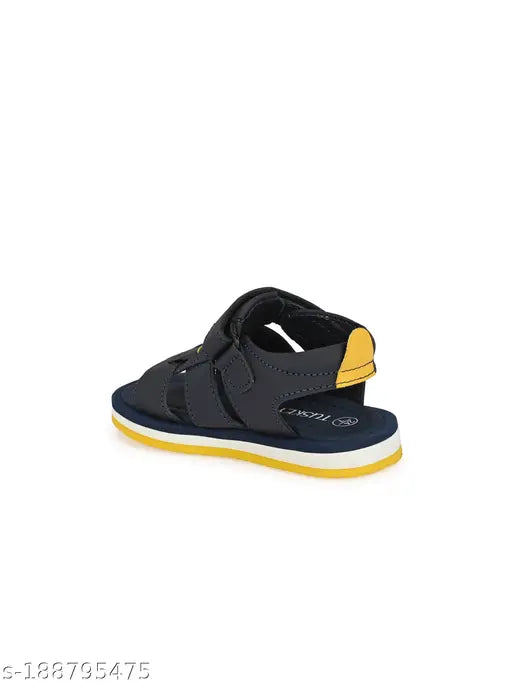 Navy blue synthetic leather closed-toe sandals for boys' casual wear, featuring Velcro fastening and TPR sole - ideal for ethnic wear & smart casuals