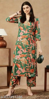 Cotton women's kurti set with printed pant, straight cut, three-quarter sleeves, Indian ethnic wear