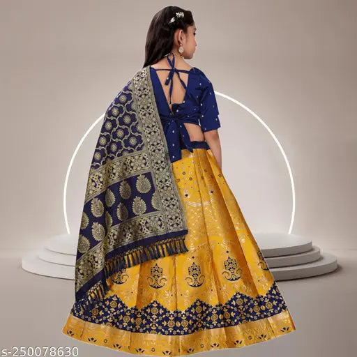Yellow jute-cotton kids lehenga set with floral stitch, short sleeves, semi-stitched net. Indian ethnic wear for 7-8 year old girls." (106 characters)