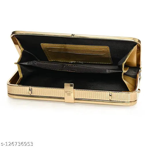 Stylish gold PU leather clutch, multi flower design, sparkling rhinestones, three compartments, free size