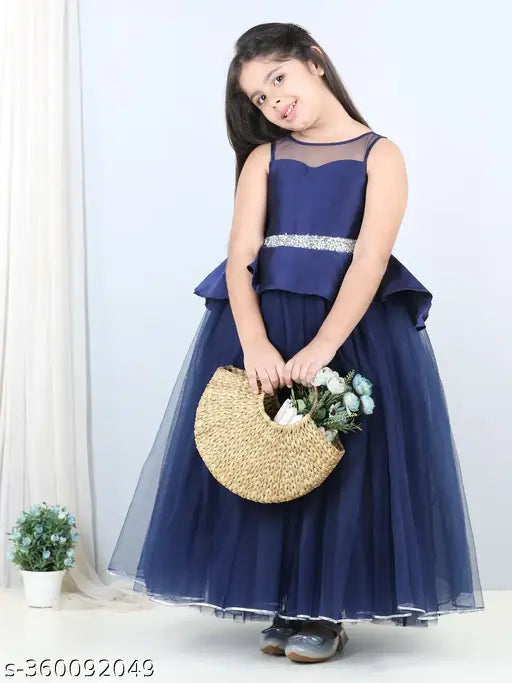 Navy blue sleeveless net gown dress for kid girls, embellished toy balloon design, 1-12 years