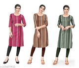 Trendy women's crepe Aline regular used kurtis, three-quarter sleeves, applique pattern. Indian fashion, indo-western style, under $400