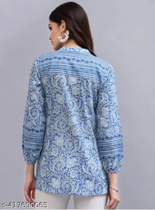 Blue viscose kurti with floral print, long sleeves for women, Indian origin