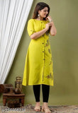 Green printed quirky round cotton kurti for women, three-quarter sleeves with delicate lace detailing, country of origin: India