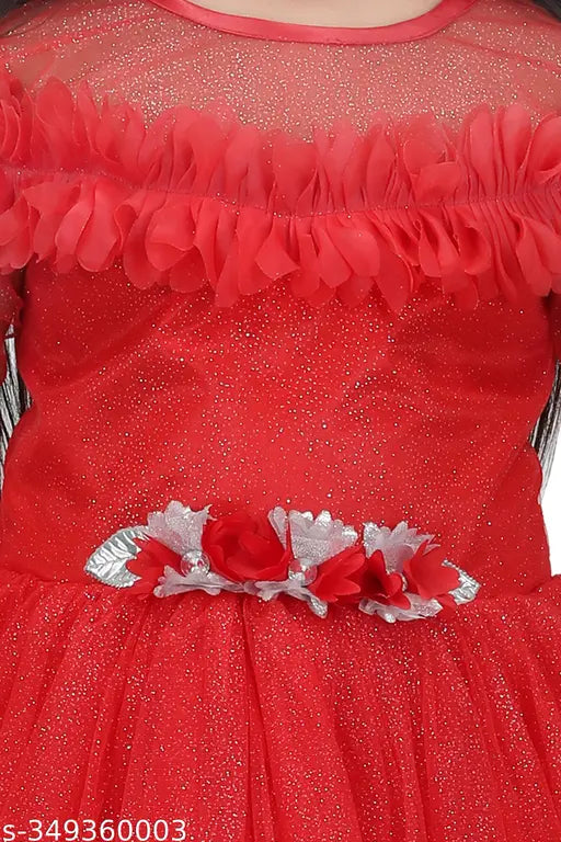 Net party dress with three-quarter sleeves, printed pattern for kids (4-5 years - 9-10 years), handmade in India