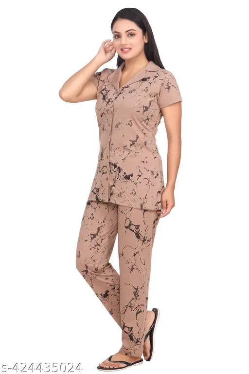 Cotton blend printed nightshirt with half sleeves and collared neck, perfect for summer relaxation in women's sizes L, XL, XXL. Indian-origin polycotton fabric
