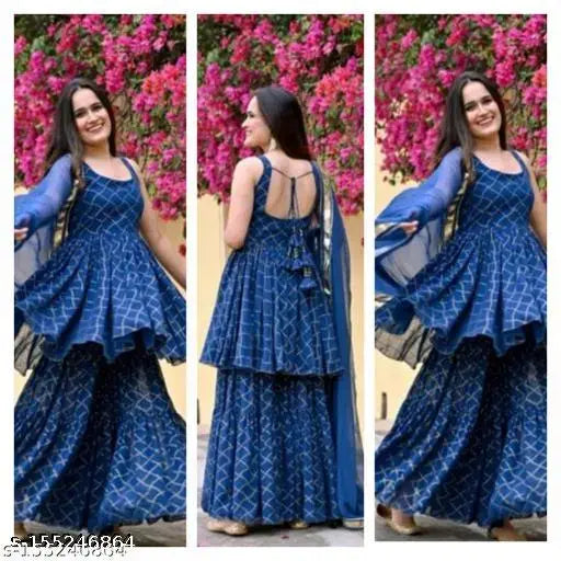 Women's printed flared kurta sharara set with chiffon dupatta and rayon bottomwear, vibrant Indian traditional wear featuring tassels and lattkans on back