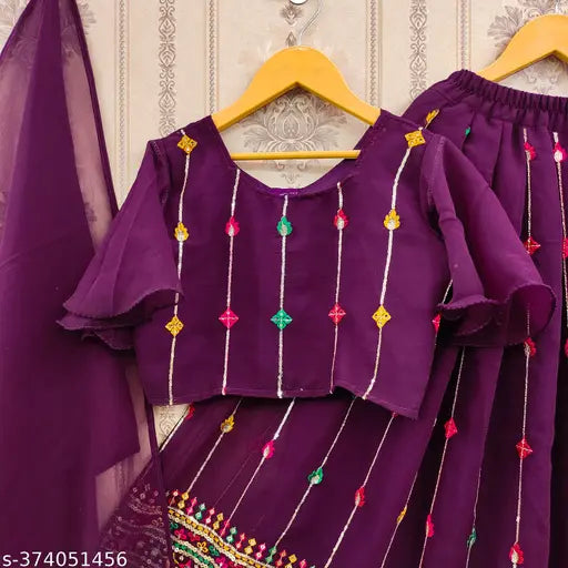Faux Georgette designer lehenga choli for kids' wedding parties - embellished Indian outfit with short sleeves and matching dupatta