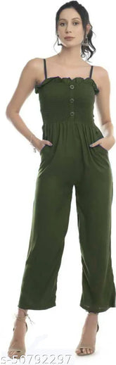 Olive green rayon solid jumpsuit for women, ankle length style for casual wear