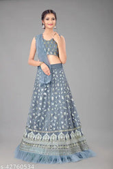 Grey net sequinned semi-stitched Adrika Lehenga set with embellished choli and dupatta, Indian women's traditional wear